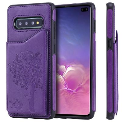 Voor Galaxy S10 PLUS kat boom reliëf patroon schokbestendige beschermende case met kaartsleuven & fotolijstjes (paars)