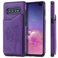 Voor Galaxy S10 PLUS kat boom reliëf patroon schokbestendige beschermende case met kaartsleuven & fotolijstjes (paars)