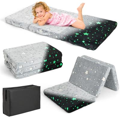 3-Delige Opvouwbare Kindermat Lichtgevend Peuterbed met Afneembare Machinewasbare Hoes Opbergzak Grijs