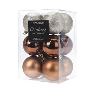 Kerstballen - 12x st - bruin/champagne - D6 cm - kunststof - kerstversiering