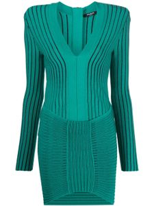 Balmain robe mi-longue nervurée à col v - Vert