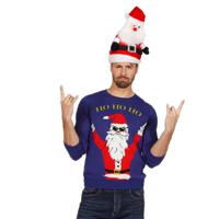 Foute kersttrui - blauw - rocker Santa - acryl - voor heren - kersttruien 56 (2XL)  -