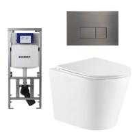 QeramiQ Dely Toiletset - 36.3x51.7cm - diepspoel - rimless - Geberit UP320 Burda inbouwreservoir - softclose toiletzitting - gunmetal bedieningsplaat - rechtehoekige knoppen - wit glans SW543431/0701131/SW706199