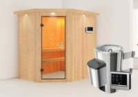 Karibu | Saja Sauna met Dakkraag | Bronzeglas Deur | Biokachel 3,6 kW Externe Bediening - thumbnail