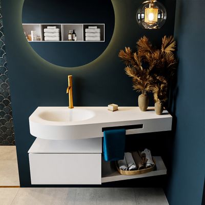 MONDIAZ RIVA 120cm badmeubel onderkast / planchet kleur Talc met 1 lade. Wastafel DULCET links 1 kraangat kleur Talc. MONDIAZ RIVA 120cm badmeubel onderkast / planchet kleur Talc met 1 lade. Wastafel DULCET links 1 kraangat kleur Talc.