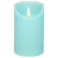 Led kaars/stompkaars - aqua blauw - H12,5 x D7,5 cm - wax - warm wit licht - bewegende vlam