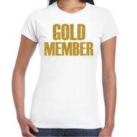 Verkleed T-shirt dames - gold member -  wit - glitter goud - themafeest fout/goud/stout