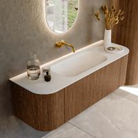 Mondiaz KURVE 140 cm Onderkast Greeploos 1 Lade Met Deuren Walnut, Wastafel Solid Surface Midden Talc 0 Kraangaten Zonder Spiegel (KRVBGS140L+R1L2D0KM-Wal/Tal)
