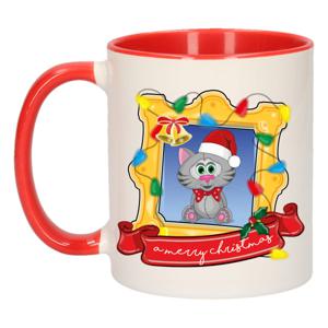 Kerst cadeau koffiemok - kerst katje - rood - 300 ml - keramiek