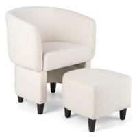 Fauteuil met Voetenbank Gevoerde Fluwelen Stoel Massief Hout Ruimtebesparende Accentstoel Relaxstoel voor Woonkamer (Beige)