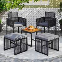 5-Delige Terrasmeubelset Rieten Tuinmeubelen PE met 2 Stoelen 2 Poefs en 1 Salontafel in Acaciahout Zachte Kussens