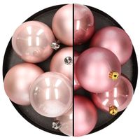 12x stuks kunststof kerstballen 8 cm mix van lichtroze en velvet roze   -