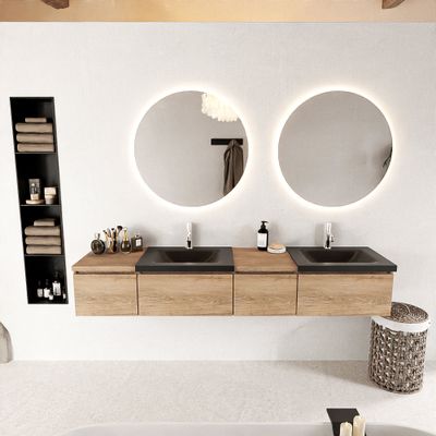MONDIAZ BUKLA 200cm badmeubel met module 40 rechts kleur Washed Oak met 4 lades. Wastafel CLOUD dubbel 2 kraangaten kleur Urban.