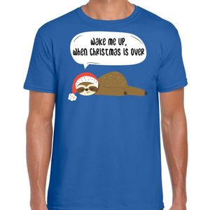 Luiaard Kerst t-shirt / outfit Wake me up when christmas is over blauw voor heren