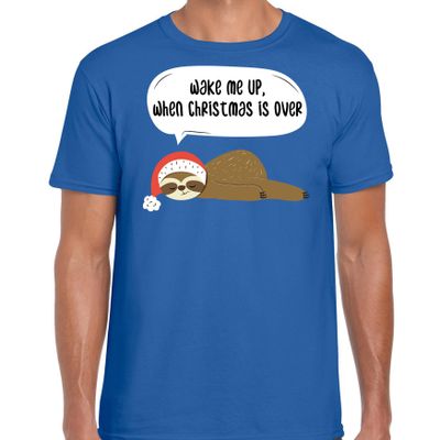 Luiaard Kerst t-shirt / outfit Wake me up when christmas is over blauw voor heren