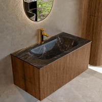 Badmeubel Mondiaz Kurve-Dlux | 90 cm | Meubelkleur Walnut | Wastafelkleur Lava | Solid surface | Midden spoelbak | 1 kraangat