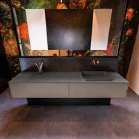 Badkamermeubelset Mondiaz Erin 200 cm met 2 Lades met RIDGE Wastafel Rechts Dark grey Zonder Kraangaten Greeploos Mat Smoke