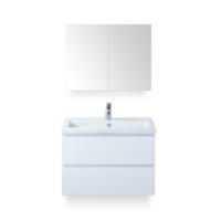 Vogue Badmeubelset 80 cm - Greeplijst in kleur - Wit Hoogglans - Keramische Wastafel Wit 1 kraangat - met Spiegelkast