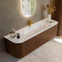Badmeubel Mondiaz Kurve-Dlux | 160 cm | Meubelkleur Walnut | Wastafelkleur Glace | Solid surface | Midden spoelbak | 1 kraangat