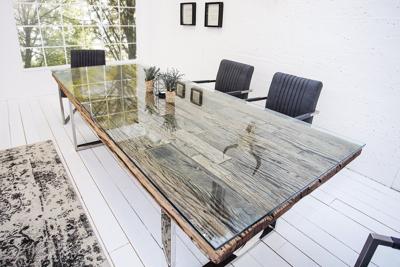 Massieve eettafel BARRACUDA 200cm antiek teakhout met stalen sledepoten incl. glazen blad - 21645&30116G