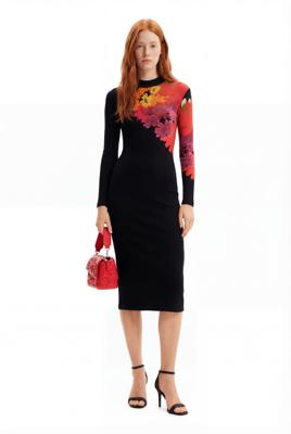 Geribde midi-jurk bloemen - BLACK - M
