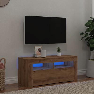 Tv-meubel met LED 90x35x40 cm bewerkt hout artisanaal eiken