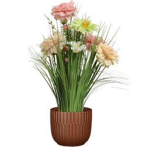 Kunstbloemen boeket roze - in pot bruin - keramiek - H40 cm