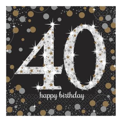 Servetten 40 jaar - 16x stuks - zwart - 33 x 33 cm - confetti - luxe - verjaardag