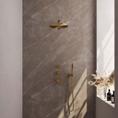 Brauer Gold Carving Regendoucheset inbouw - hoofddouche 30cm - 3 carving knoppen - rechte wandarm - handdouche staaf 1 stand - PVD - geborsteld goud 5-GG-098