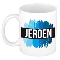 Jeroen naam cadeau koffie mok - beker - met blauw verfstrepen - Cadeau collega - vaderdag