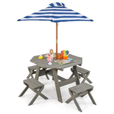 Achthoekige Houten Placemat Picknicktafel voor Kinderen met 4 Stoelen en in Hoogte Verstelbare Parasol Houten Zitgroep