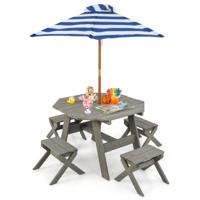 Achthoekige Houten Placemat Picknicktafel voor Kinderen met 4 Stoelen en in Hoogte Verstelbare Parasol Houten Zitgroep