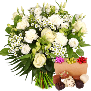 Witte bloemen met 300 gram bonbons