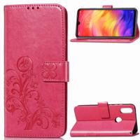 Lucky Clover ingedrukt bloemen patroon lederen draagtas voor Xiaomi Redmi opmerking 7 met houder & kaartsleuven & portemonnee & hand strap (Rose rood