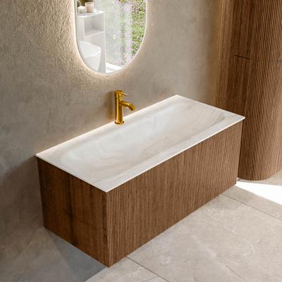 Badmeubel Mondiaz Kurve-Dlux | 100 cm | Meubelkleur Walnut | Wastafelkleur Ostra | Solid surface | Midden spoelbak | 1 kraangat