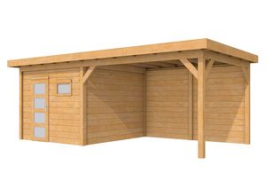 Woodvision Douglas Tuinhuis Topvision Raaf Blank 303x303 cm + luifel 400 cm- Plat dak- Onbehandeld lariks Douglas hout- Woodvision