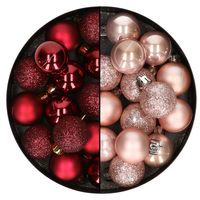 28x stuks kleine kunststof kerstballen zachtroze en bordeaux rood 3 cm - thumbnail