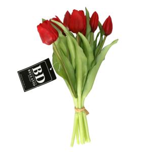 Kunst tulpen boeket Vermeer - 5x stuks - rood - real touch - 31 cm - kunst zijdebloemen