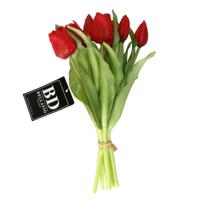 Kunst tulpen boeket Vermeer - 5x stuks - rood - real touch - 31 cm - kunst zijdebloemen