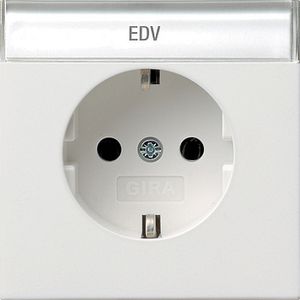 Gira F100 wandcontactdoos met randaarde en tekstkader zuiverwit glanzend