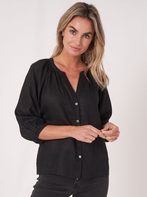 Geknoopte linnen blouse met pofmouw