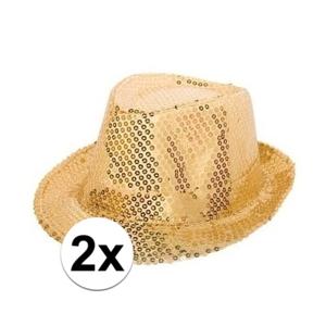 Folat Trilby hoedje - 2x - goud glitters - volwassenen - gleufhoedje - feesthoed - goud thema