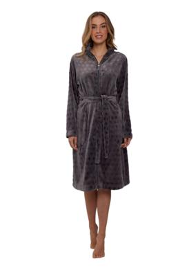 Grijze damesbadjas met rits - stippen reliëf - 100% fleece-(40-42) M