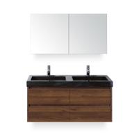 Dante Badmeubelset 120 cm - Walnoot - Wastafel Hardsteen Wit Lucca Dubbel - met Spiegelkast