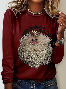 Women's Christmas Santa Claus Print Casual Crew Neck Regular Fit Long Sleeve Shirt