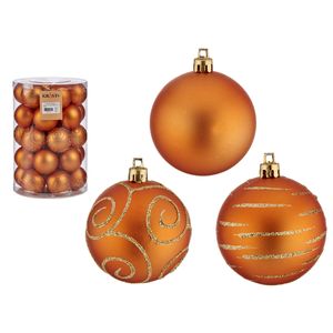 60x stuks gedecoreerde kerstballen oranje kunststof 6 cm