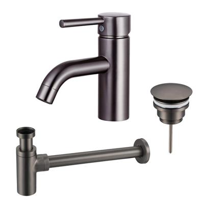 Fortifura Calvi Wastafelkraanset - lage wastafelkraan - always open plug - design sifon - Geborsteld Gunmetal PVD SW766540/SW769487/SW767297
