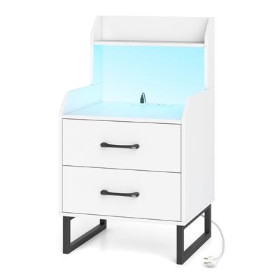 Nachtkastje met Geïntegreerd Oplaadstation Modern Bijzettafeltje met Ledverlichting 2 Lades en Open Vak