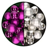 Kleine kerstballen 32x stuks - mix zilver en paars - 4 cm - kunststof - Kerstbal
