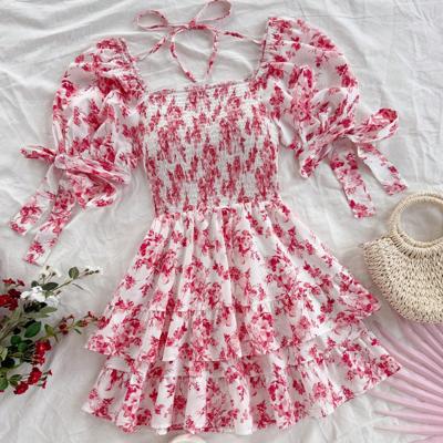 Bon&Bon Women's Floral Boho Dress - Square Neck Puff Sleeve Ruffle Hem Red / XS